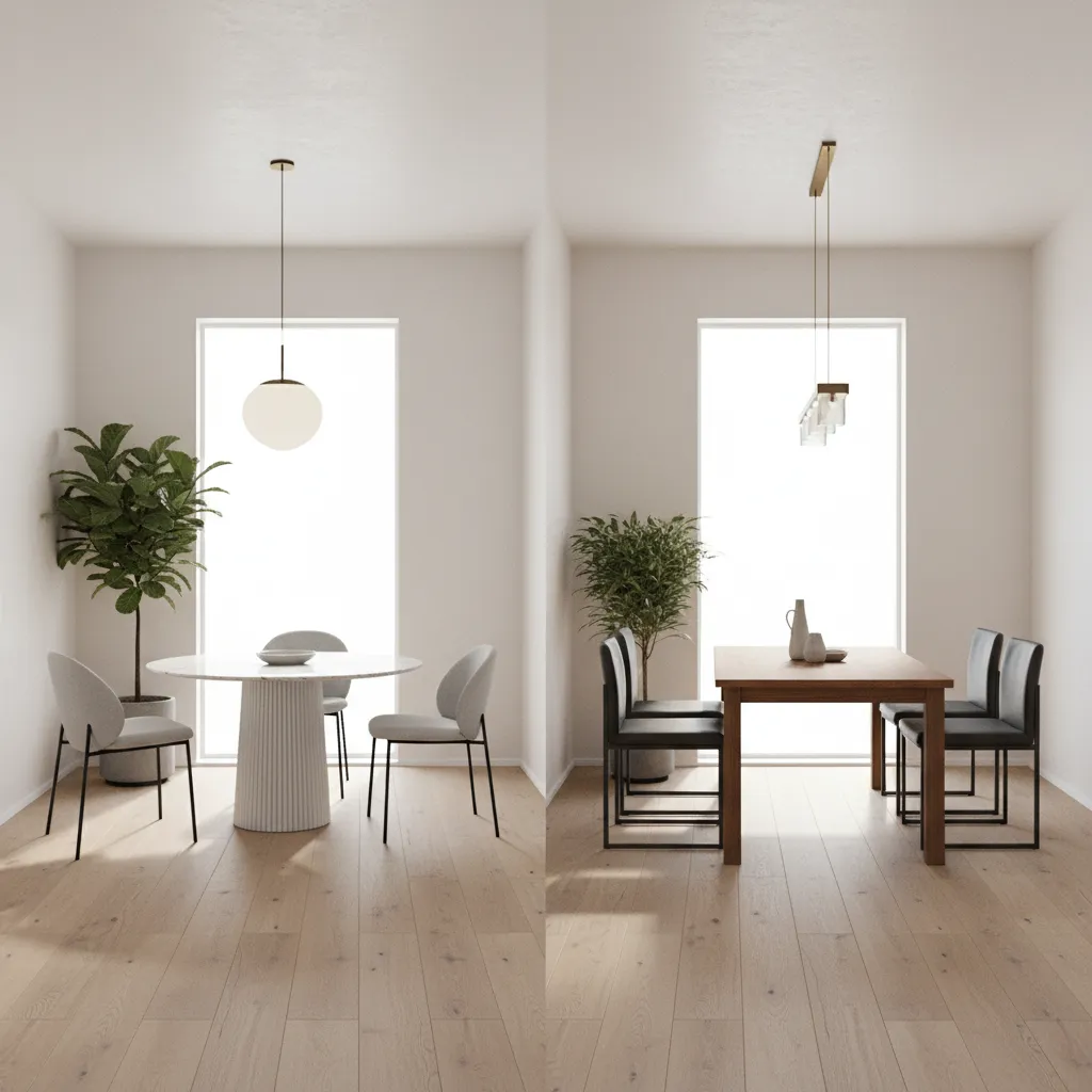 comparison of round and rectangular dining tables in small dining rooms