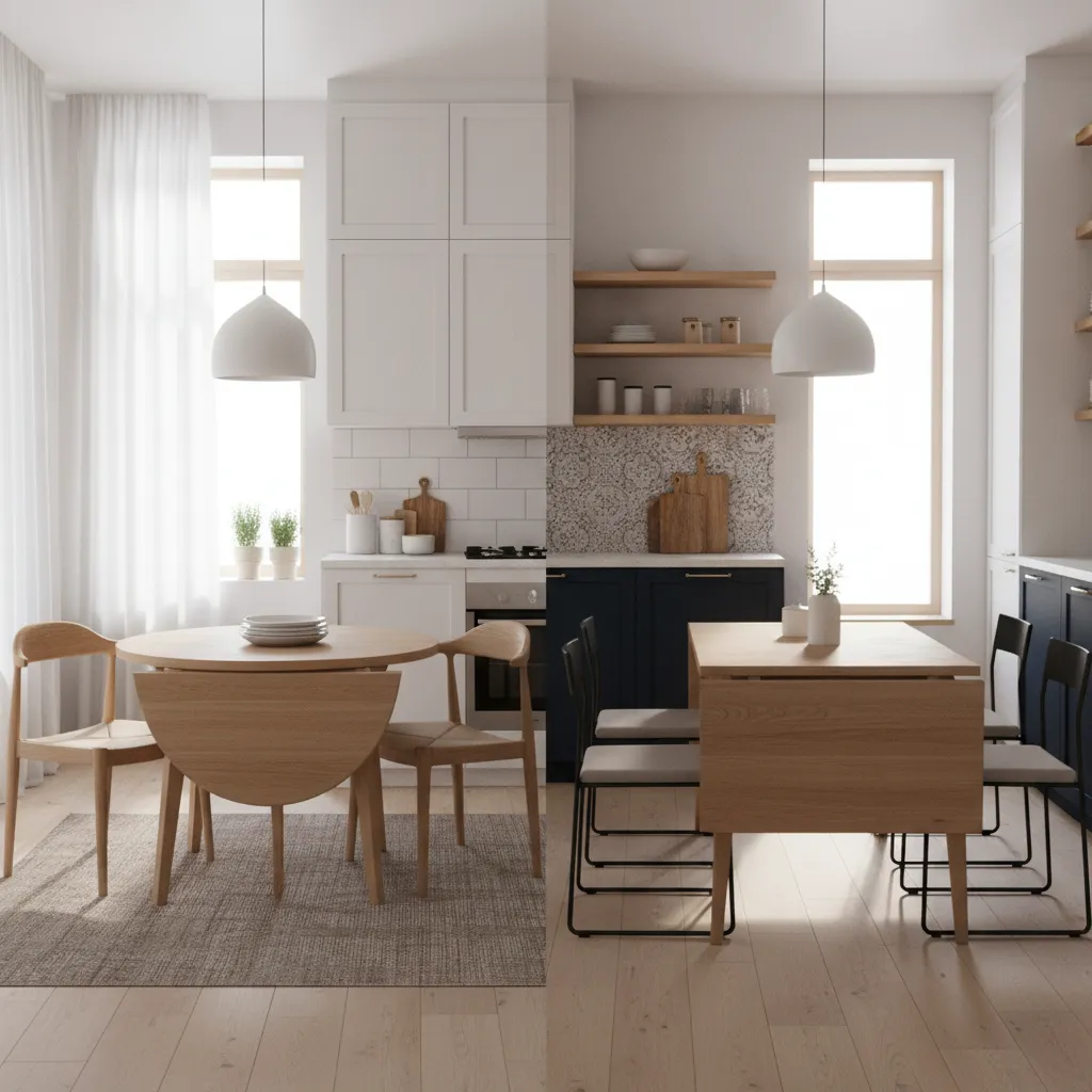 Comparison of round and rectangular drop leaf tables in small kitchens