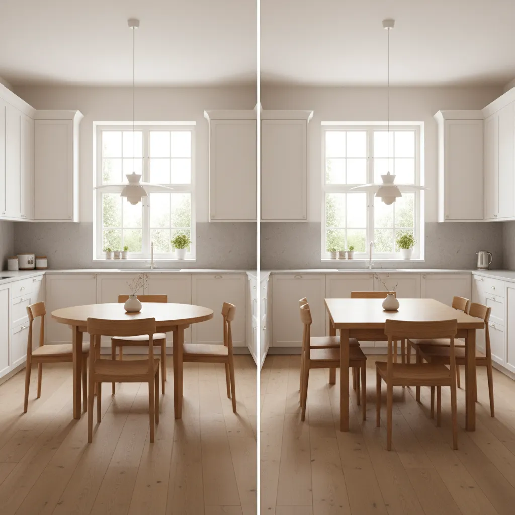 Comparison of round and rectangular dining tables in white kitchens