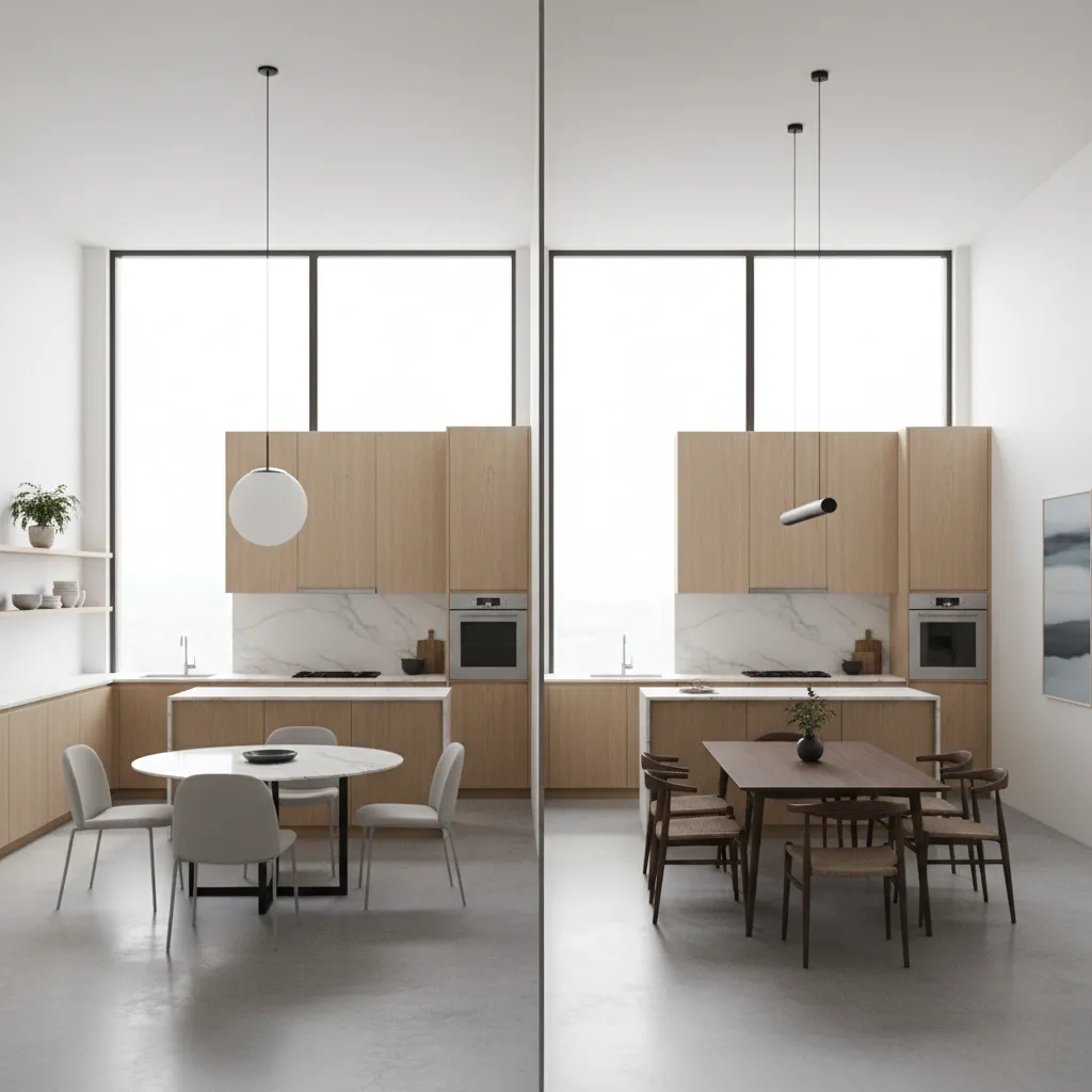 comparison of round and rectangular dining tables in kitchen spaces