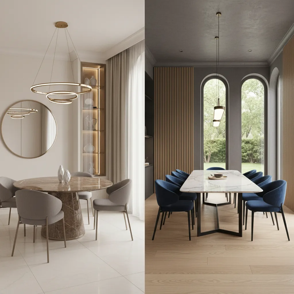 Comparison of round and rectangular marble dining tables in dining spaces