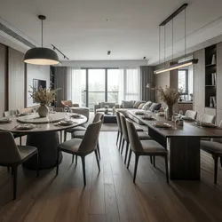 Modern interior design drawing showing round and rectangular dining tables with chairs and grey sofa