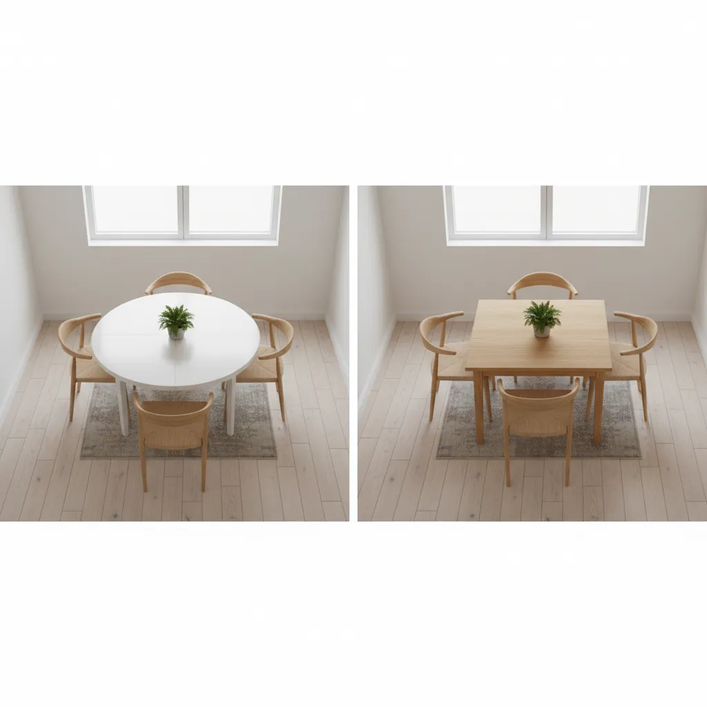 comparison of round and rectangular dining table in small square dining room