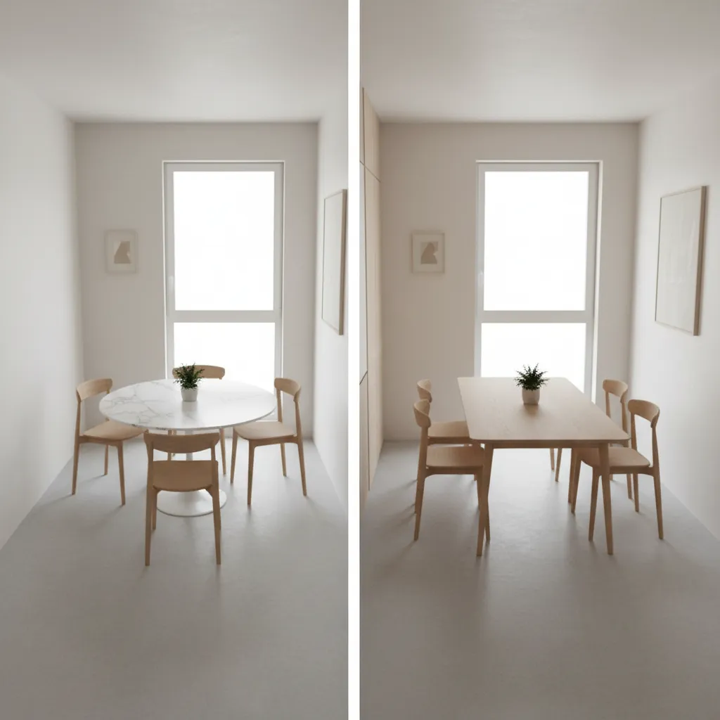 comparison of round and rectangular dining table layouts in a small room