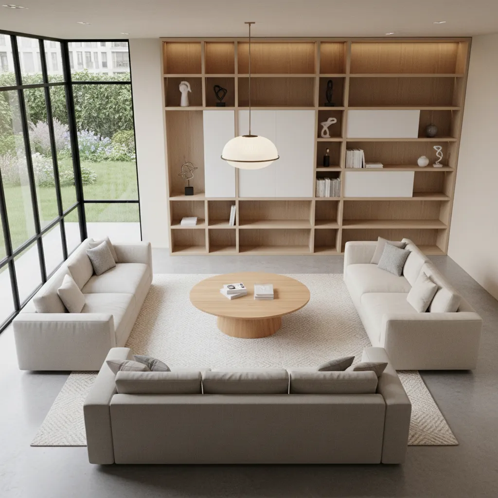 Comparison of round and rectangular wooden center tables in different drawing room layouts