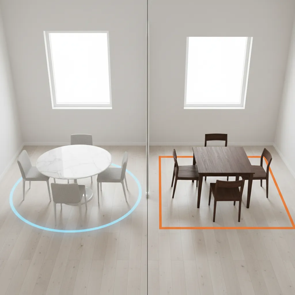 Visual comparison of round and square dining table footprints in a small room