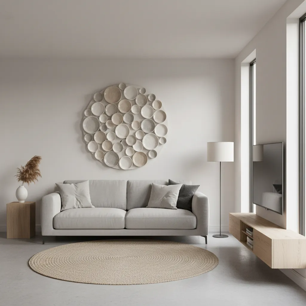 Large round wall art centered above a modern living room sofa