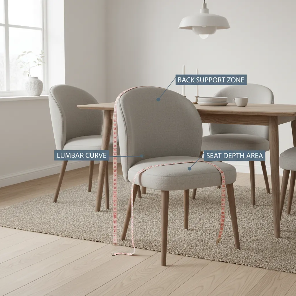 Rounded back dining chair with measurement points labeled