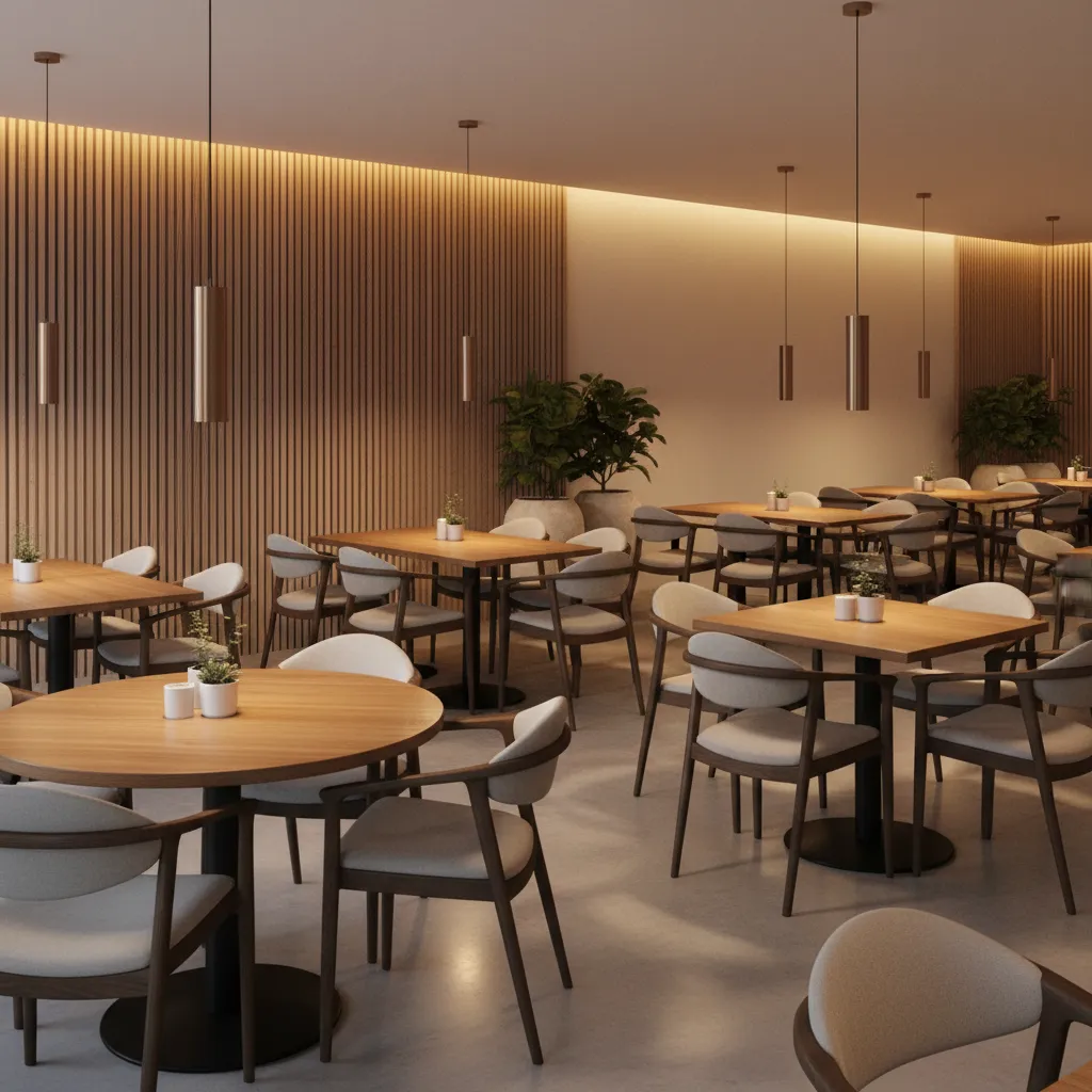 Restaurant dining area with rounded back chairs arranged closely around tables