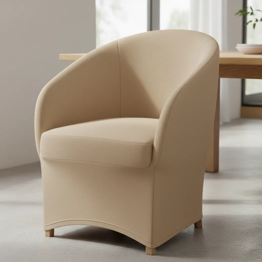 Rounded dining chair with stretch slipcover showing smooth curved fit