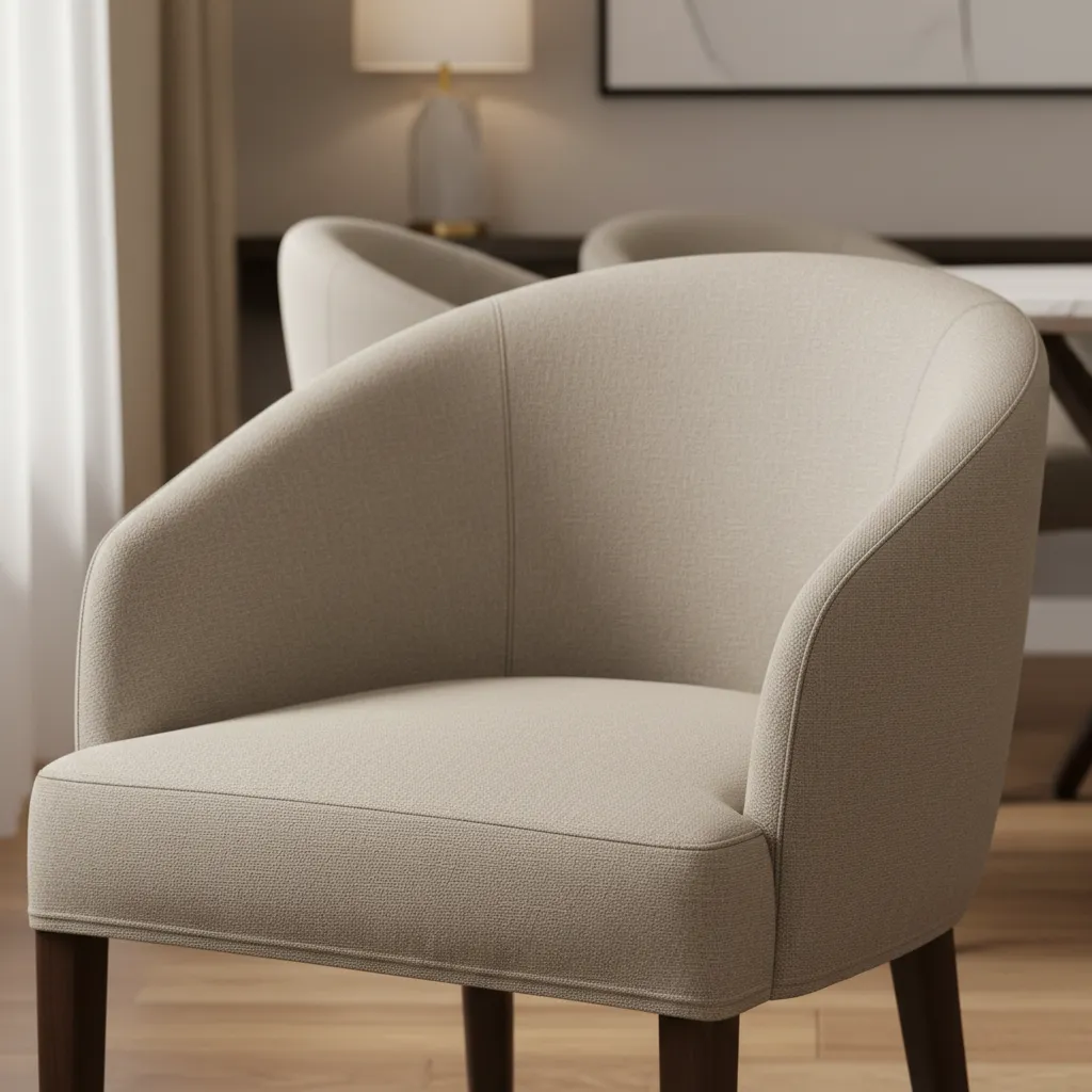 Close view of stretch slipcover fitted tightly over rounded dining chair back