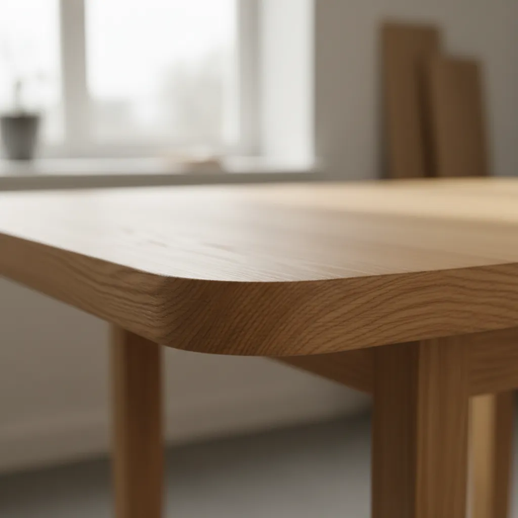 close-up of rounded edge on wooden floor table for safety
