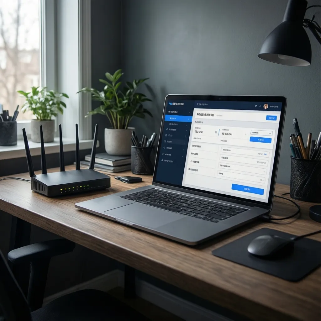 Laptop screen showing router firmware update interface with router on desk