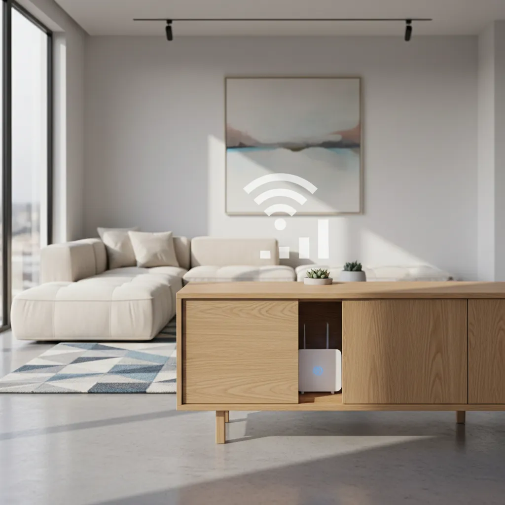 Router escondido dentro de un mueble reduciendo la señal WiFi