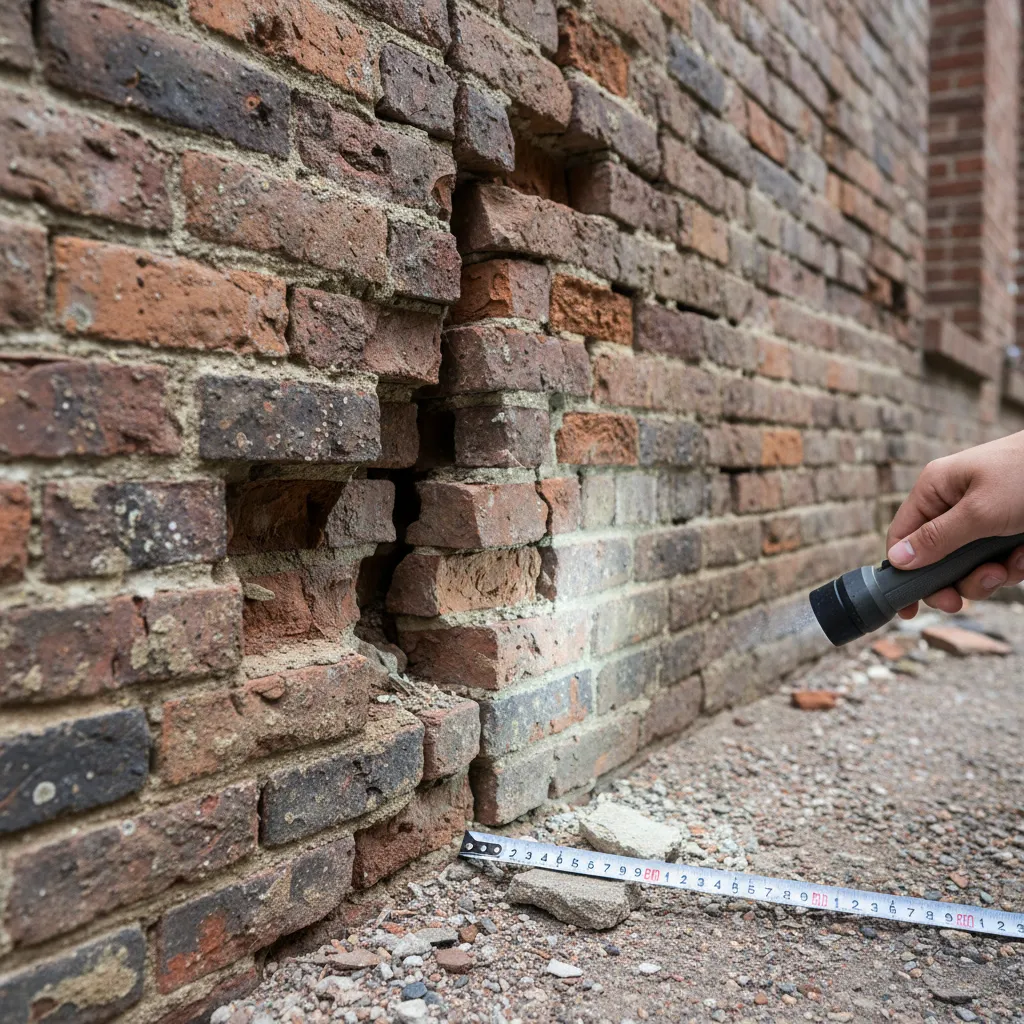 Cracks in brick wall foundation of an old row house