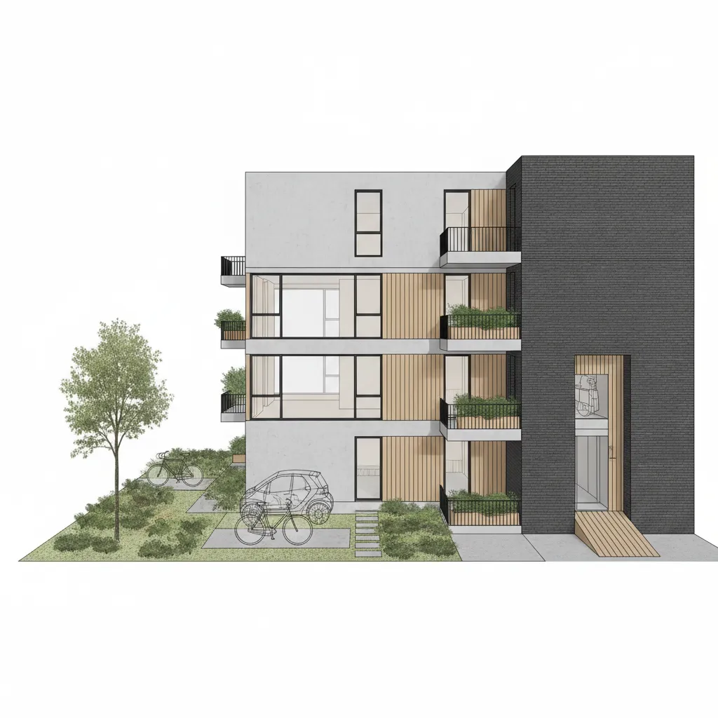 Modern three story residential building with balconies wooden wall panels large windows car and two bikes