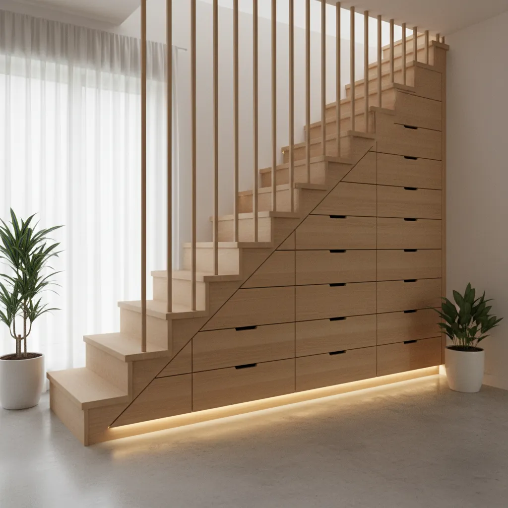 Built in staircase storage solution in a modern row house interior