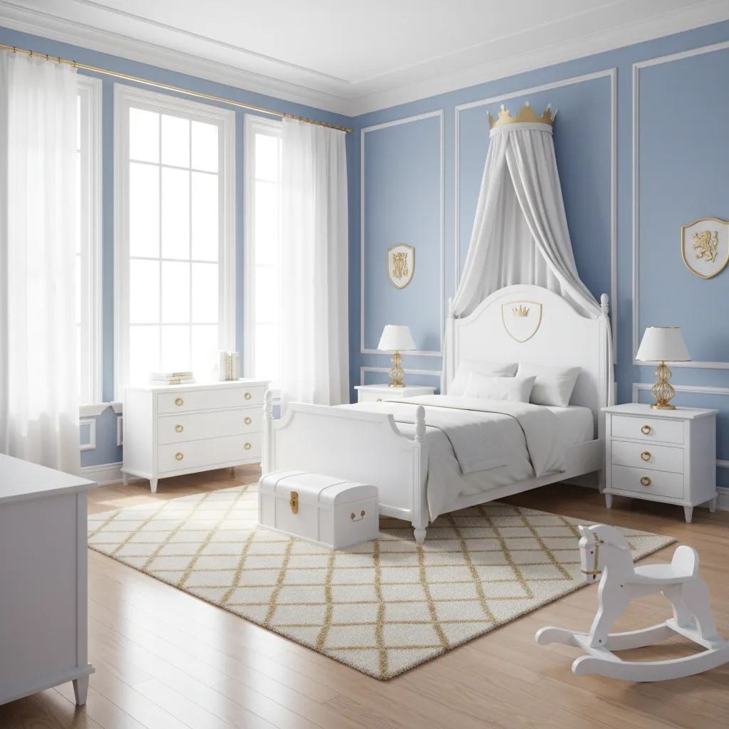 small kids bedroom using light royal blue and gold prince theme colors