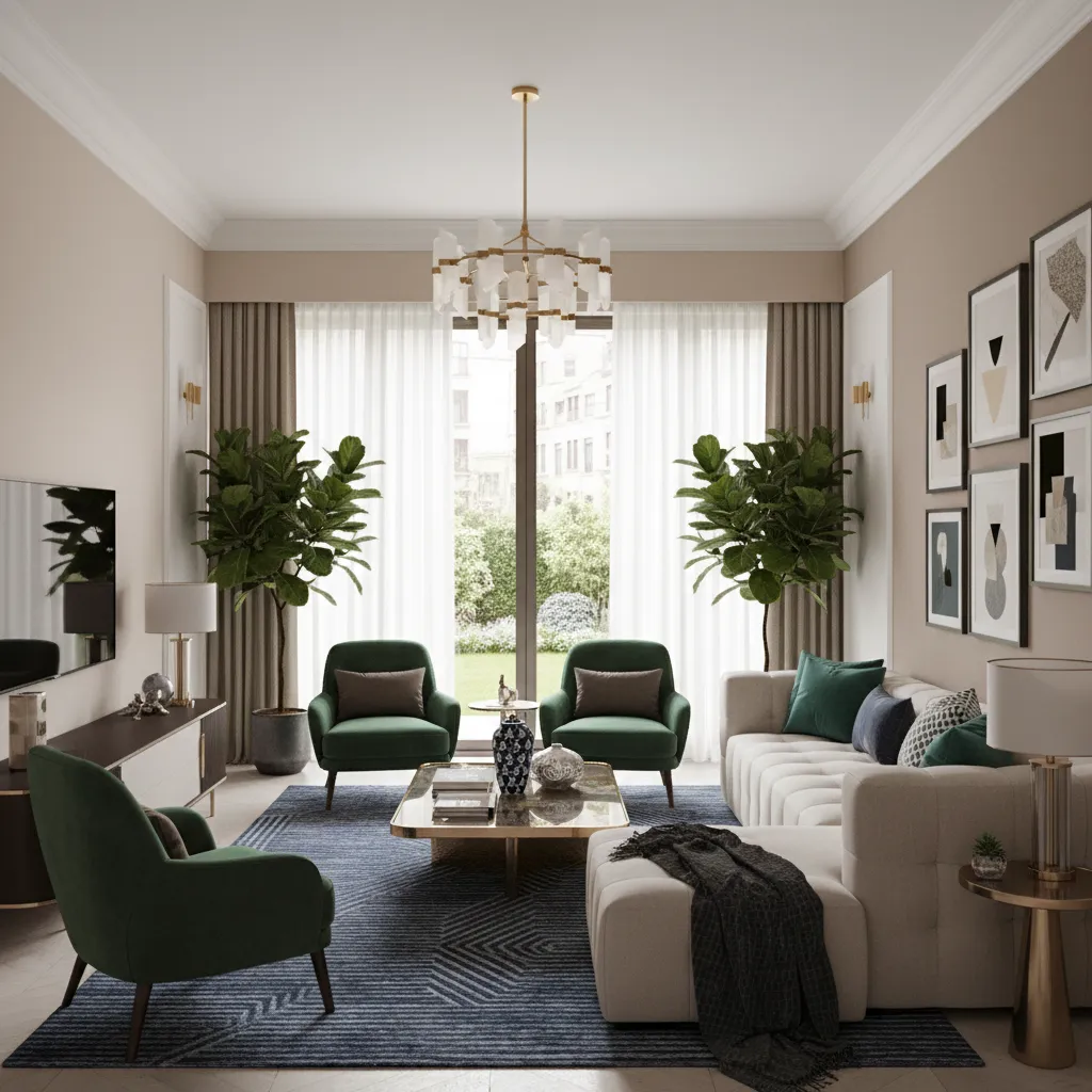 luxury living room with jewel tone palette and neutral furniture balance
