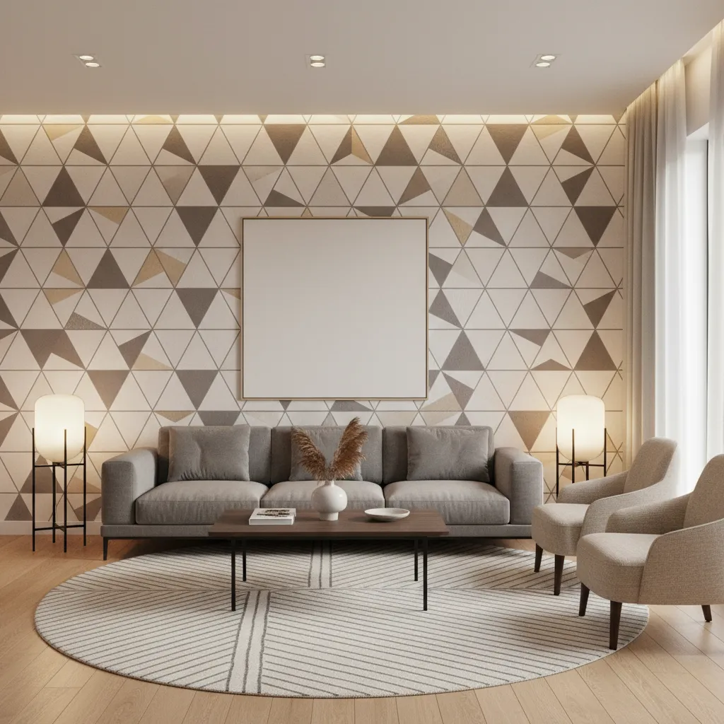 Living room featuring geometric triangle wallpaper grey sofa two armchairs round rug and floor lamps