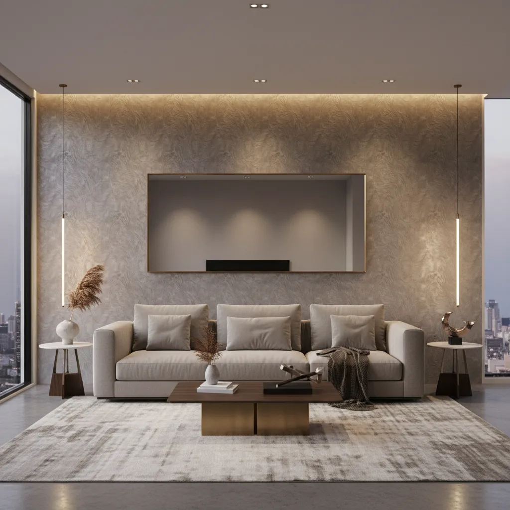 Modern living room with grey sofa textured wall mirror coffee table rug and hanging lights