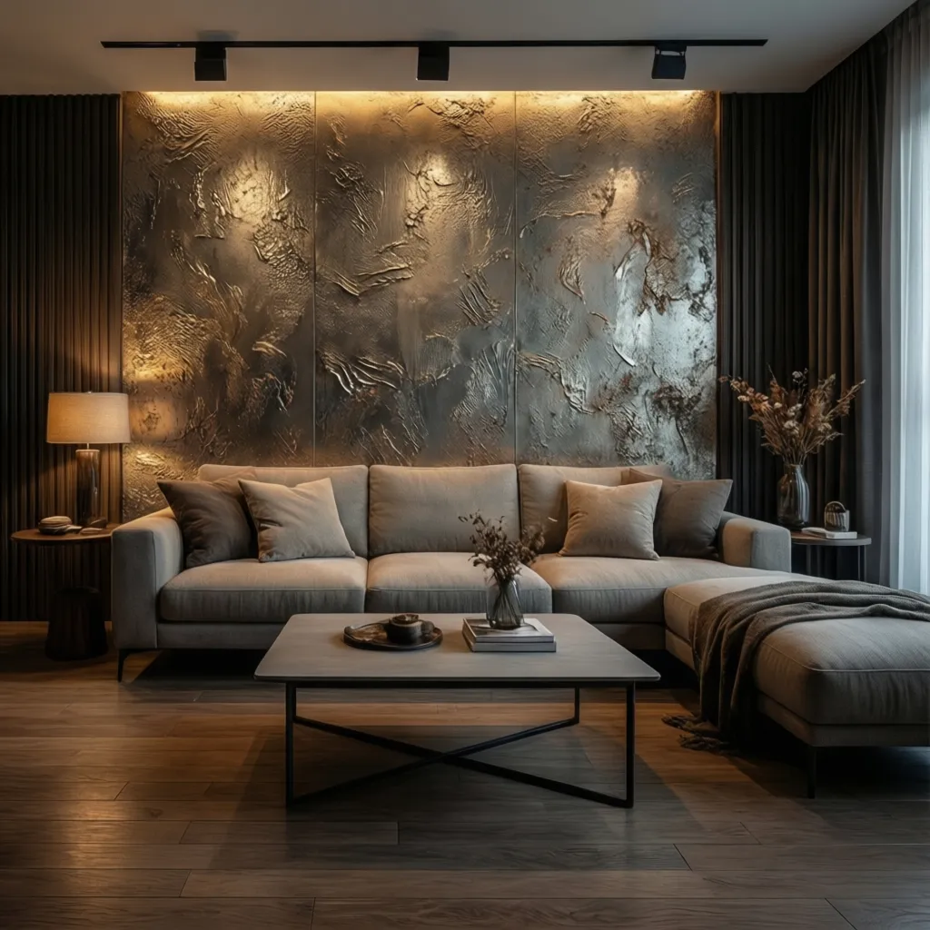 Living room with metallic Royale Play textured accent wall behind sofa
