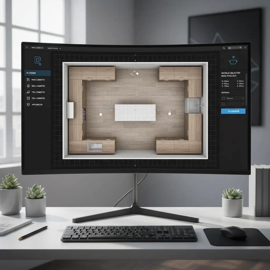 Digital kitchen planner interface showing RTA cabinet layout