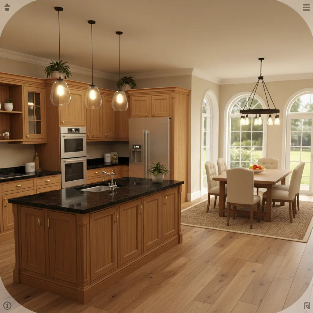 Dapur dan ruang makan berdekatan dalam desain rumah game