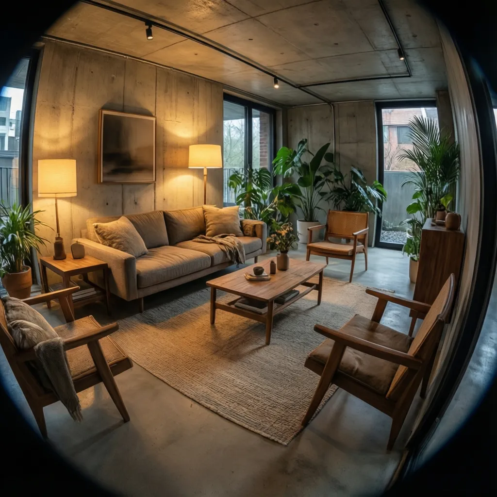 Ruang keluarga di basement rumah dengan desain minimalis