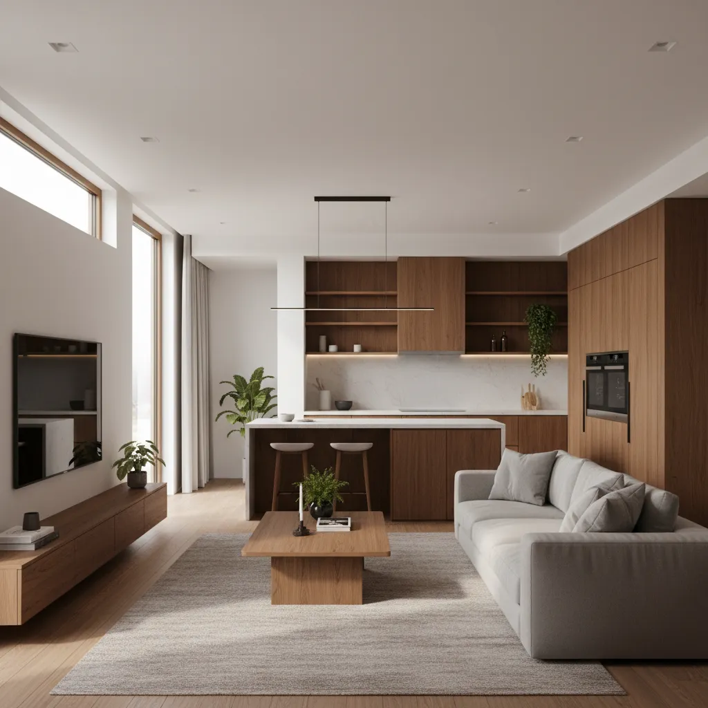 Interior ruang keluarga dan dapur terbuka di rumah modern