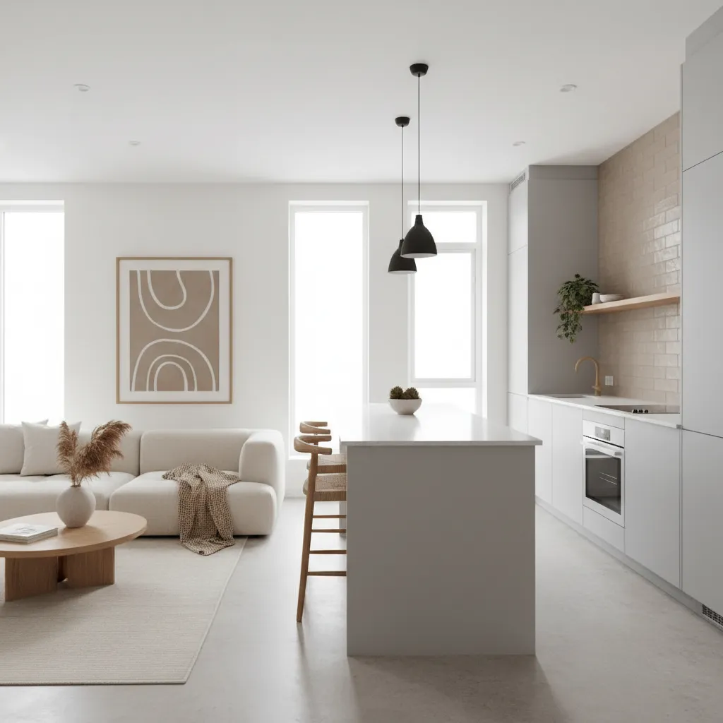 Modern open living room with white kitchen including cream sofa and a wooden coffee table