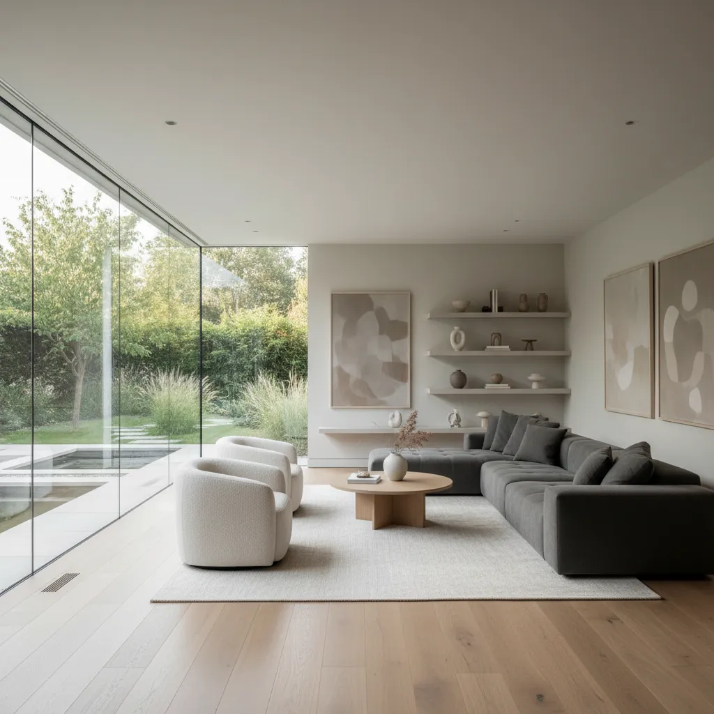 Ruang keluarga dengan dinding kaca besar dan taman luar