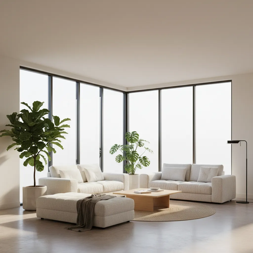 Ruang keluarga dengan jendela sudut besar