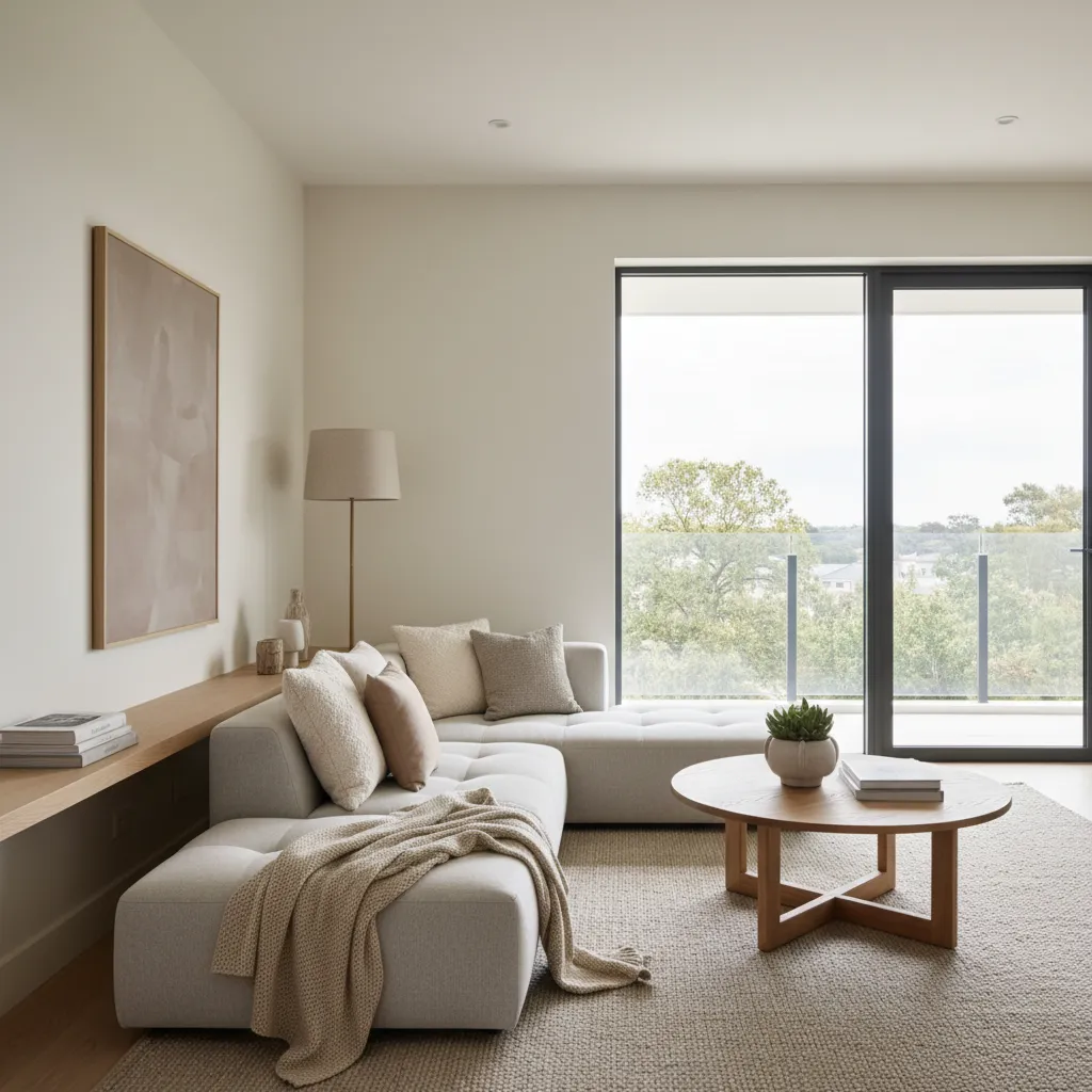 Minimalist living room with grey sofa, wooden coffee table, glass door, and neutral wall color