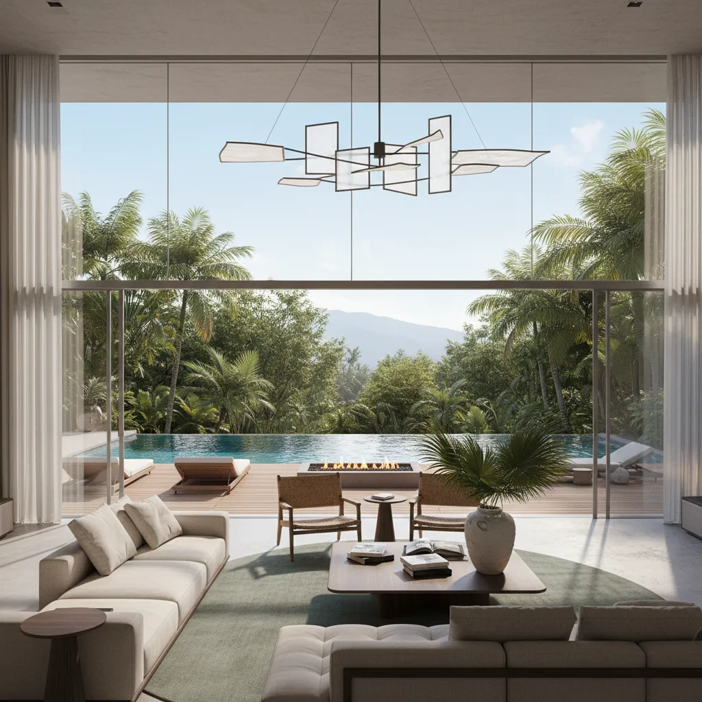 Living room with beige sofas and ceiling light overlooking outdoor pool and green palm trees