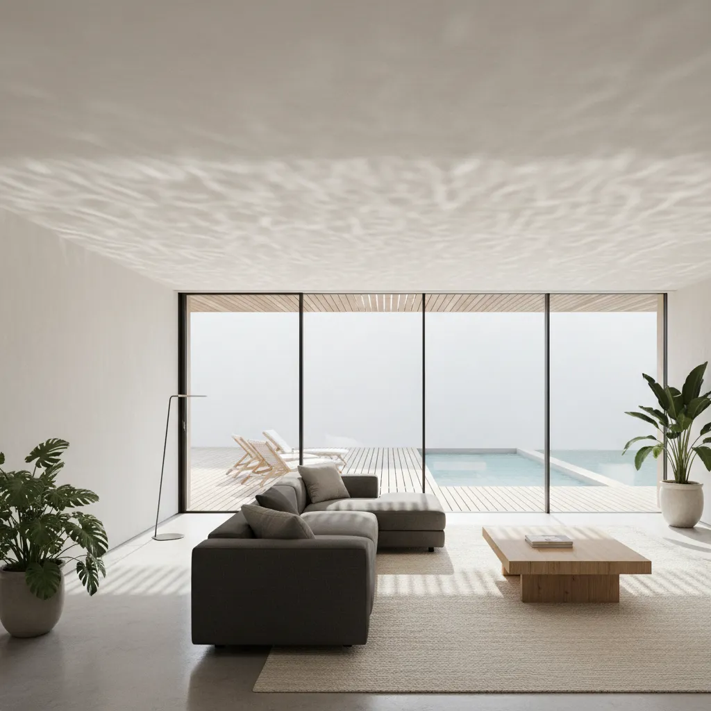 Modern living room with grey sofa and wooden table facing large windows and outdoor pool