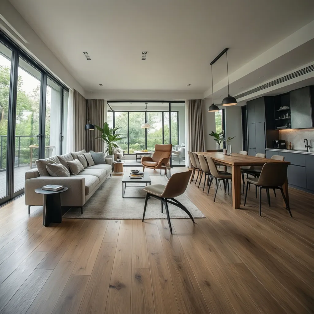 Interior ruang keluarga dan ruang makan open plan minimalis