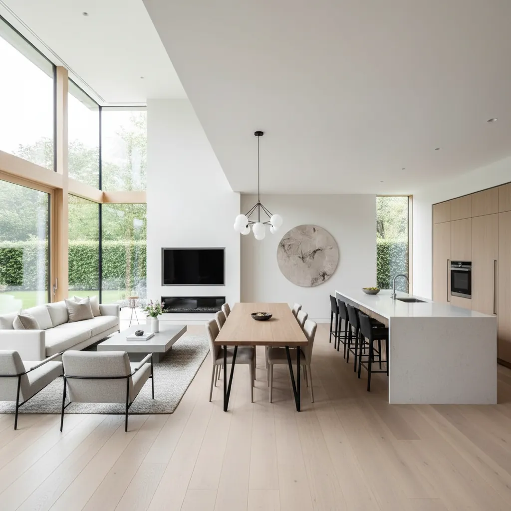 Open living room with white sofa dining table kitchen island and white glass ceiling light