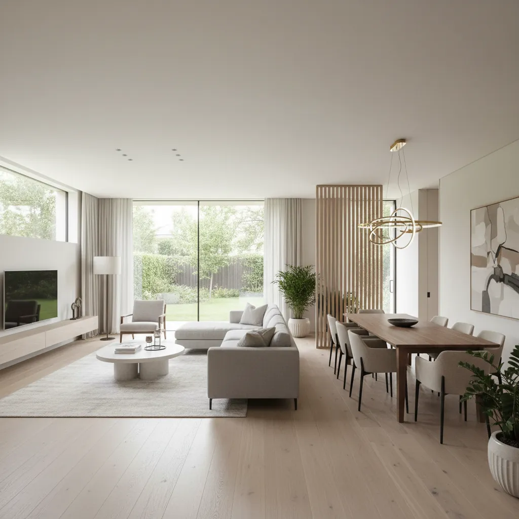 Ruang keluarga dan ruang makan dengan konsep open plan