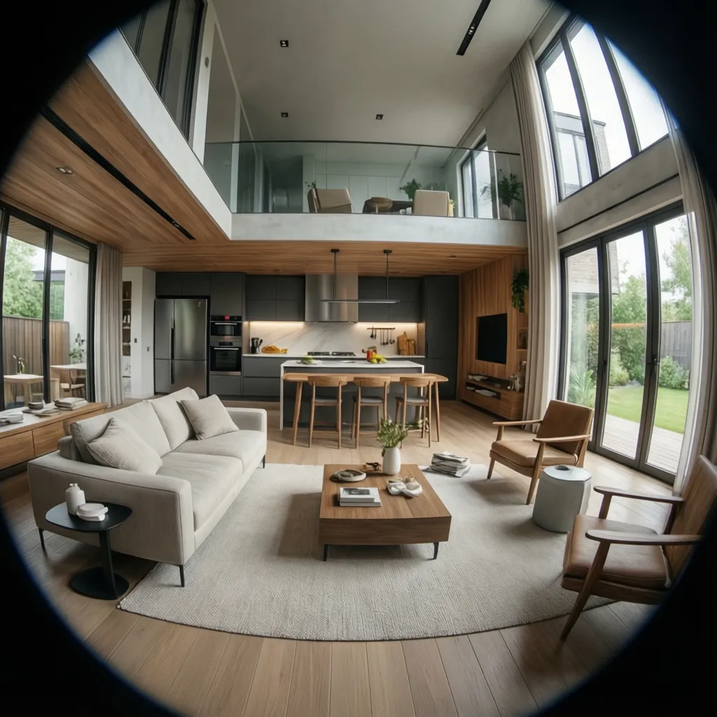 Modern open plan living room with beige sofa wooden coffee table kitchen island and windows