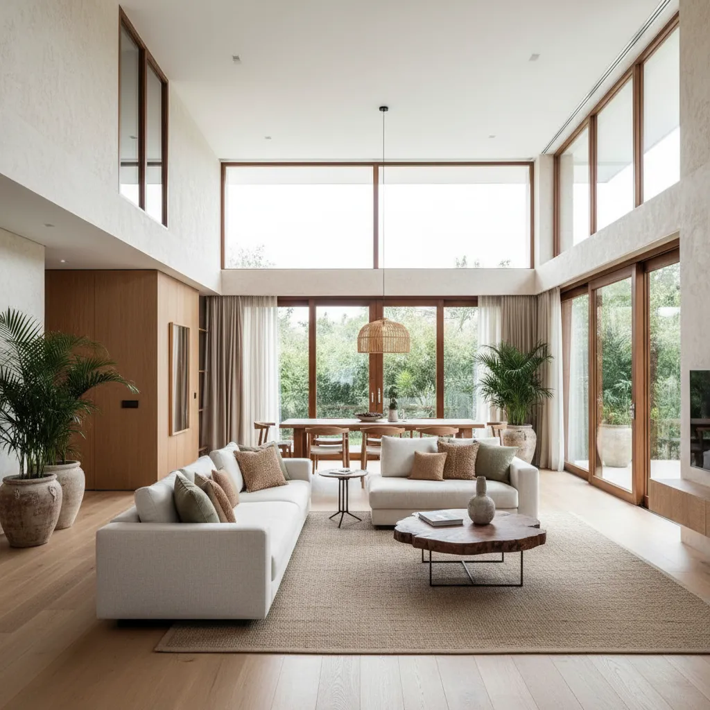 Spacious modern living room featuring white sofa, wooden coffee table, large windows, and green plants