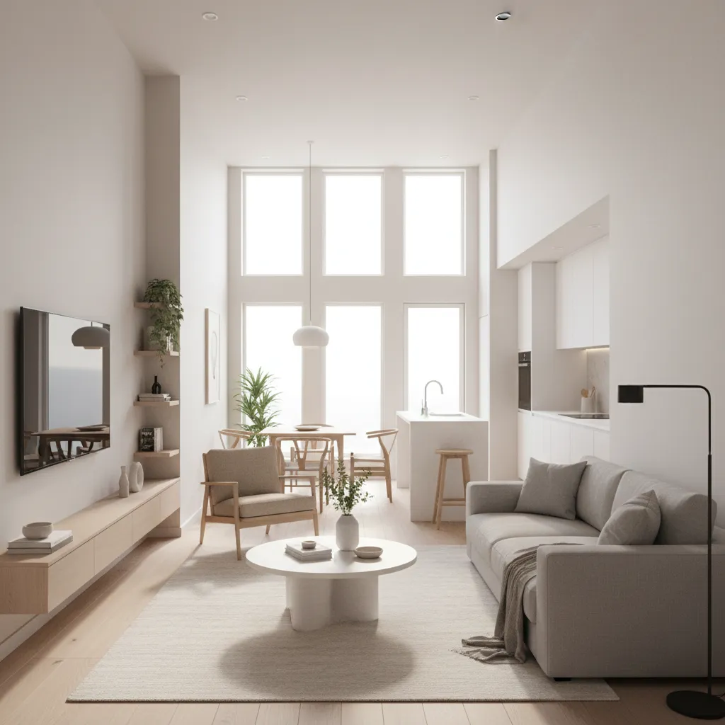 Minimalist open plan living room with grey sofa white walls large windows and dining area