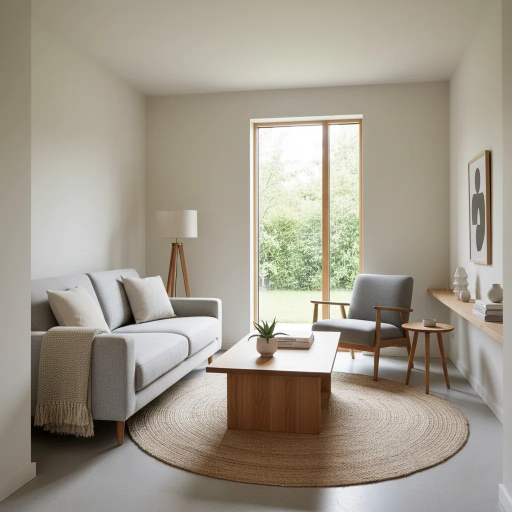 Minimalist living room featuring grey sofa wooden coffee table round rug floor lamp and garden