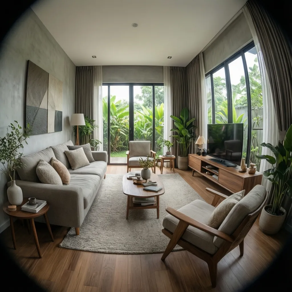 Modern living room with grey sofa wooden coffee table TV cabinet large windows and plants