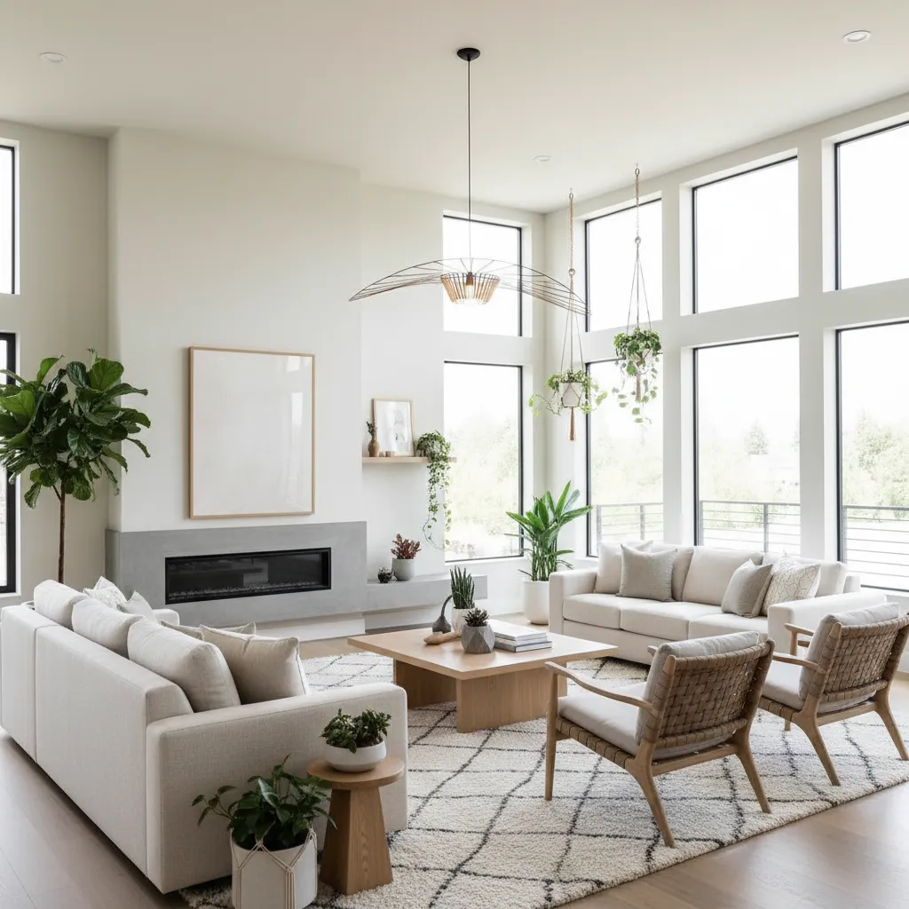 Ruang keluarga modern dengan pencahayaan alami