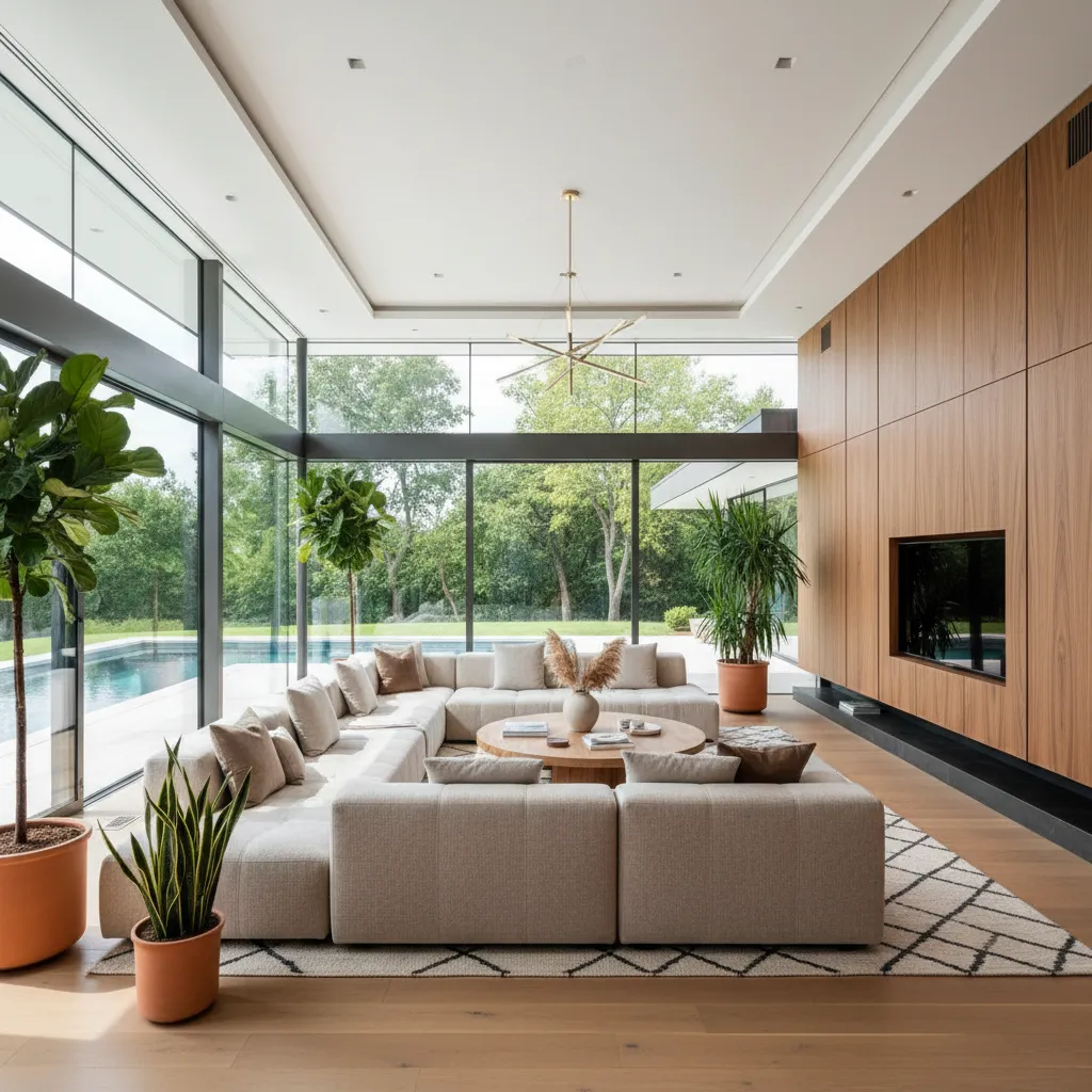 Interior ruang keluarga luas pada rumah satu lantai