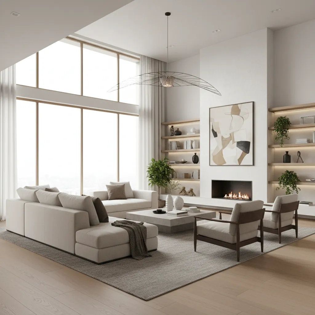 Modern living room with white sofas stone coffee table fireplace large windows and ceiling light