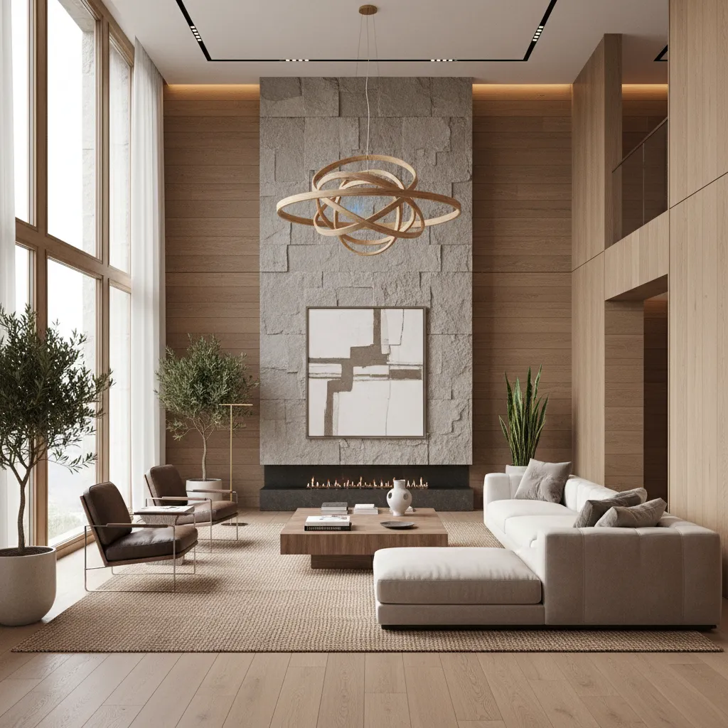 Modern living room featuring wood walls, stone fireplace, circular ceiling light, sofa, and large windows