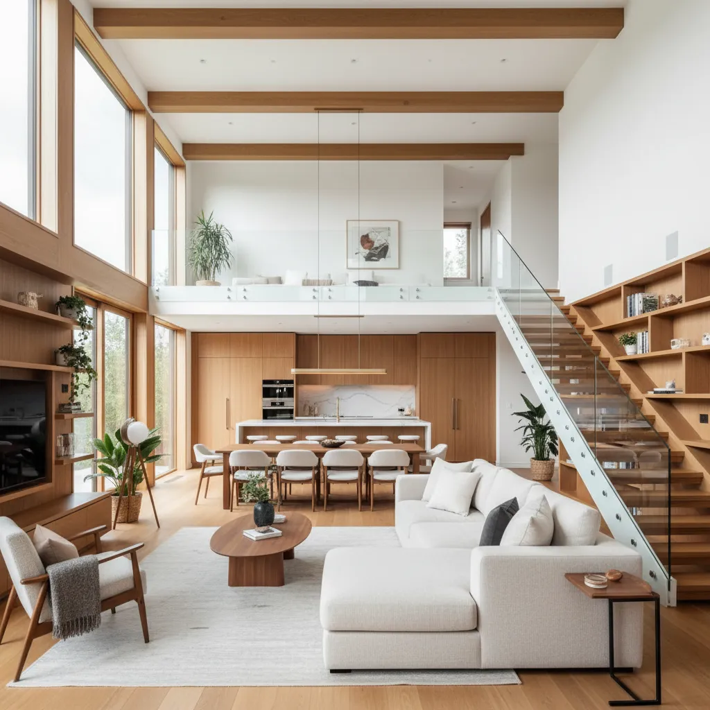 Ruang keluarga besar dalam rumah dua lantai modern