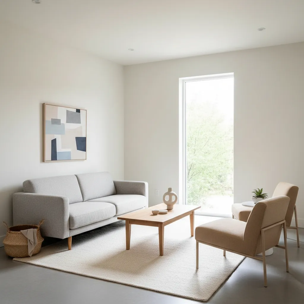 Modern living room with grey sofa two beige chairs wooden coffee table and white painting
